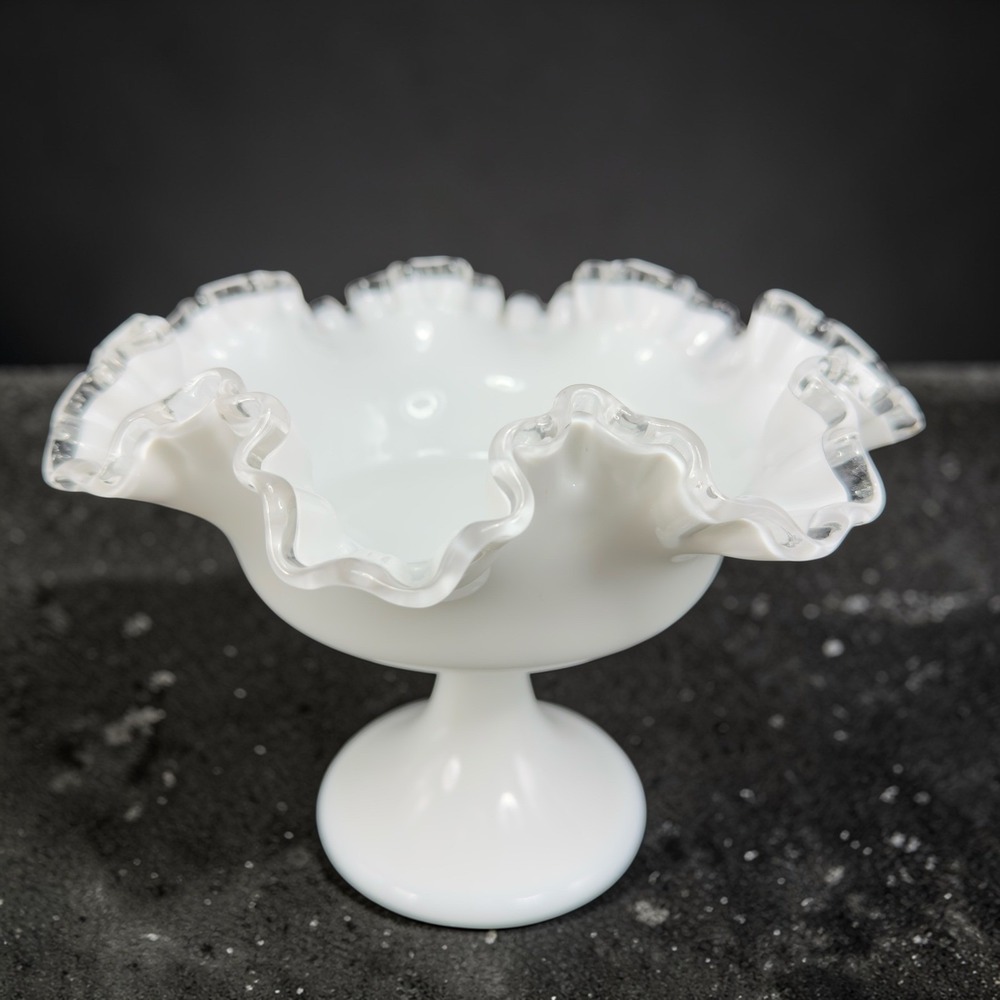Vintage Fenton‎ Milk Glass Silver Crest Ruffled Pedestal Compote Bowl 8 Inch